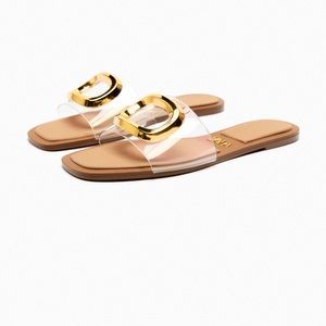 Barkey worn zara gold clear flat sandals